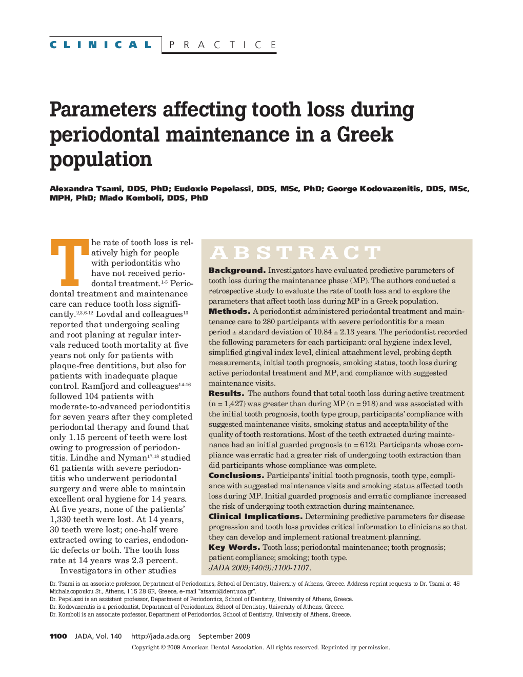 Parameters Affecting Tooth Loss during Periodontal Maintenance in a Greek Population 