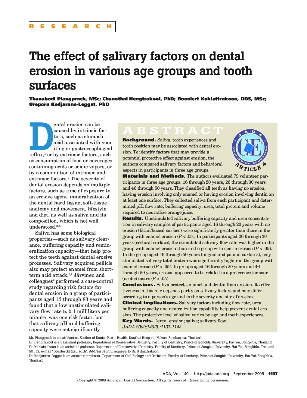 The Effect of Salivary Factors on Dental Erosion in Various Age Groups and Tooth Surfaces 