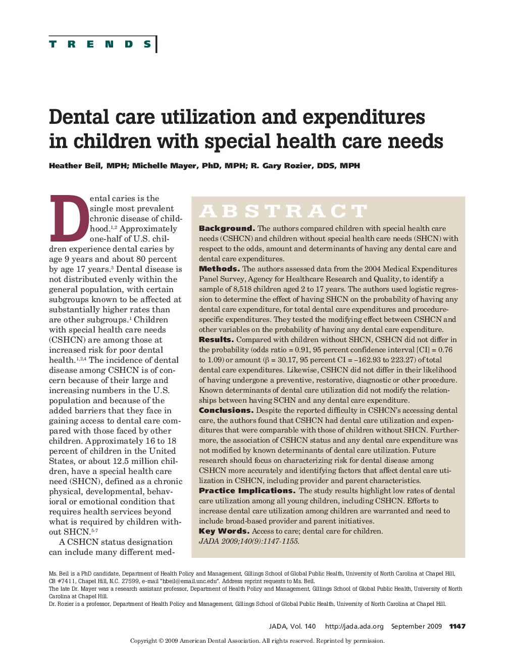 Dental Care Utilization and Expenditures in Children With Special Health Care Needs