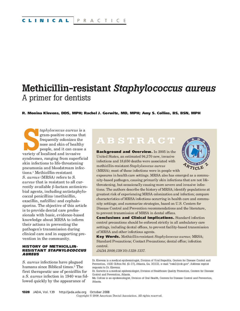 Methicillin-Resistant Staphylococcus aureus : A Primer for Dentists