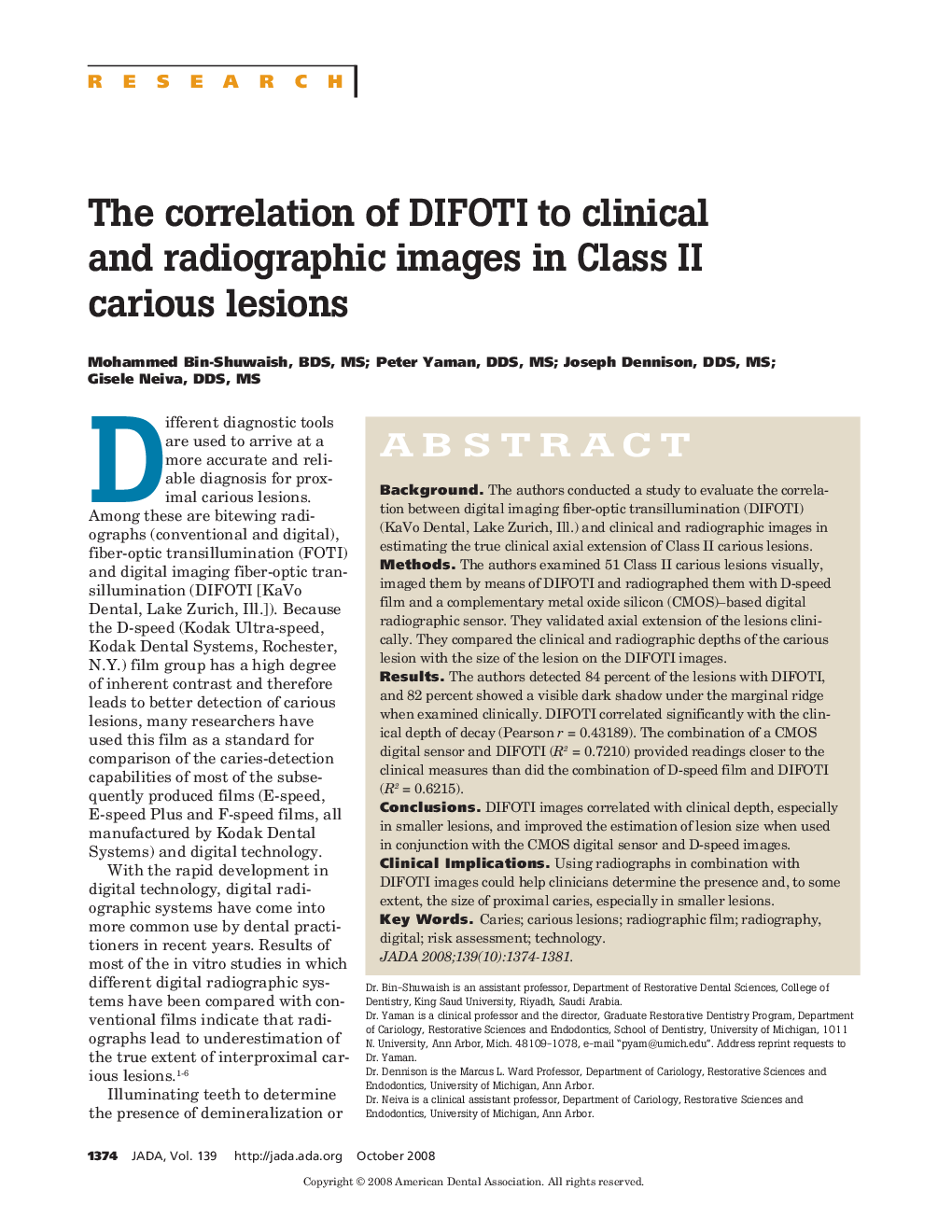 The Correlation of DIFOTI to Clinical and Radiographic Images in Class II Carious Lesions 