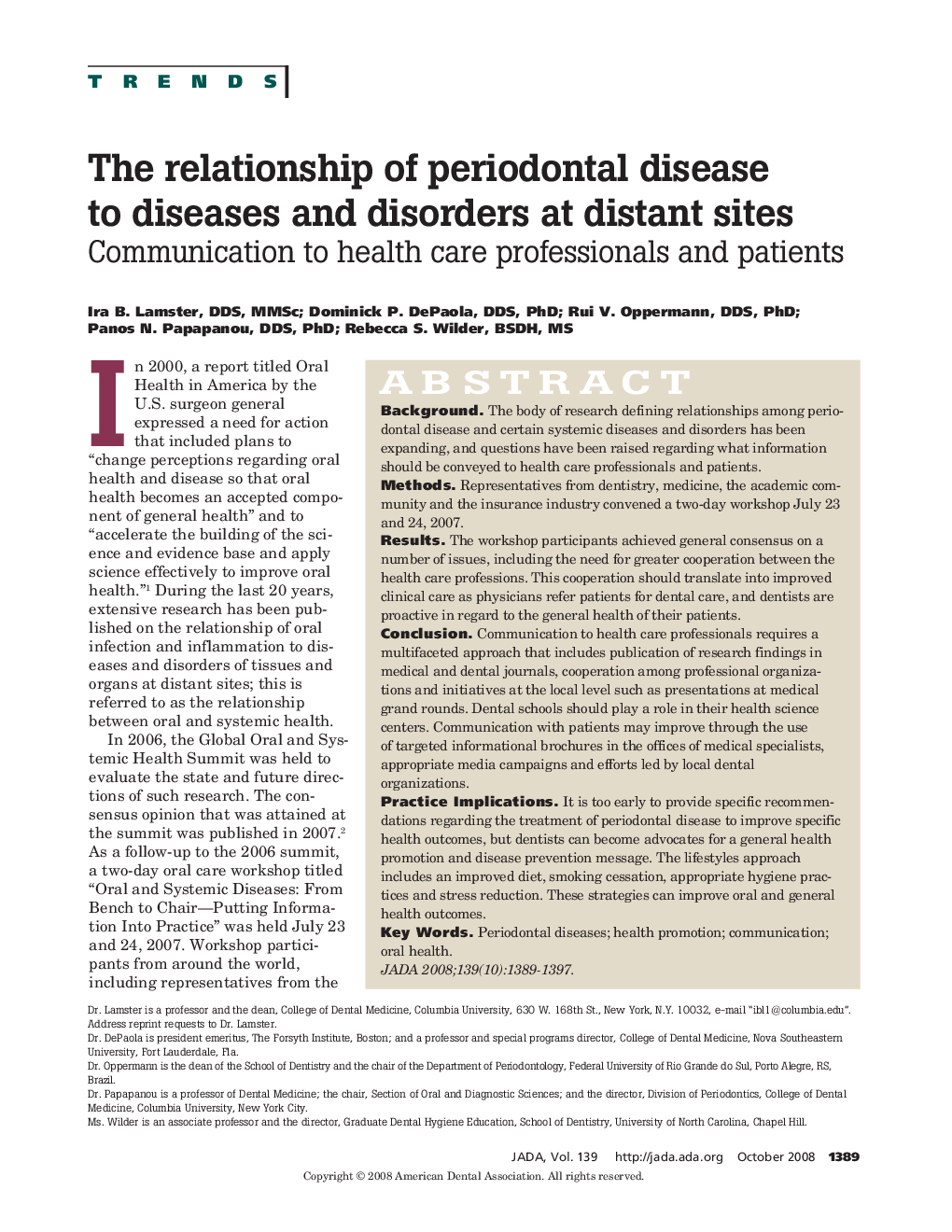 The Relationship of Periodontal Disease to Diseases and Disorders at Distant Sites : Communication to Health Care Professionals and Patients