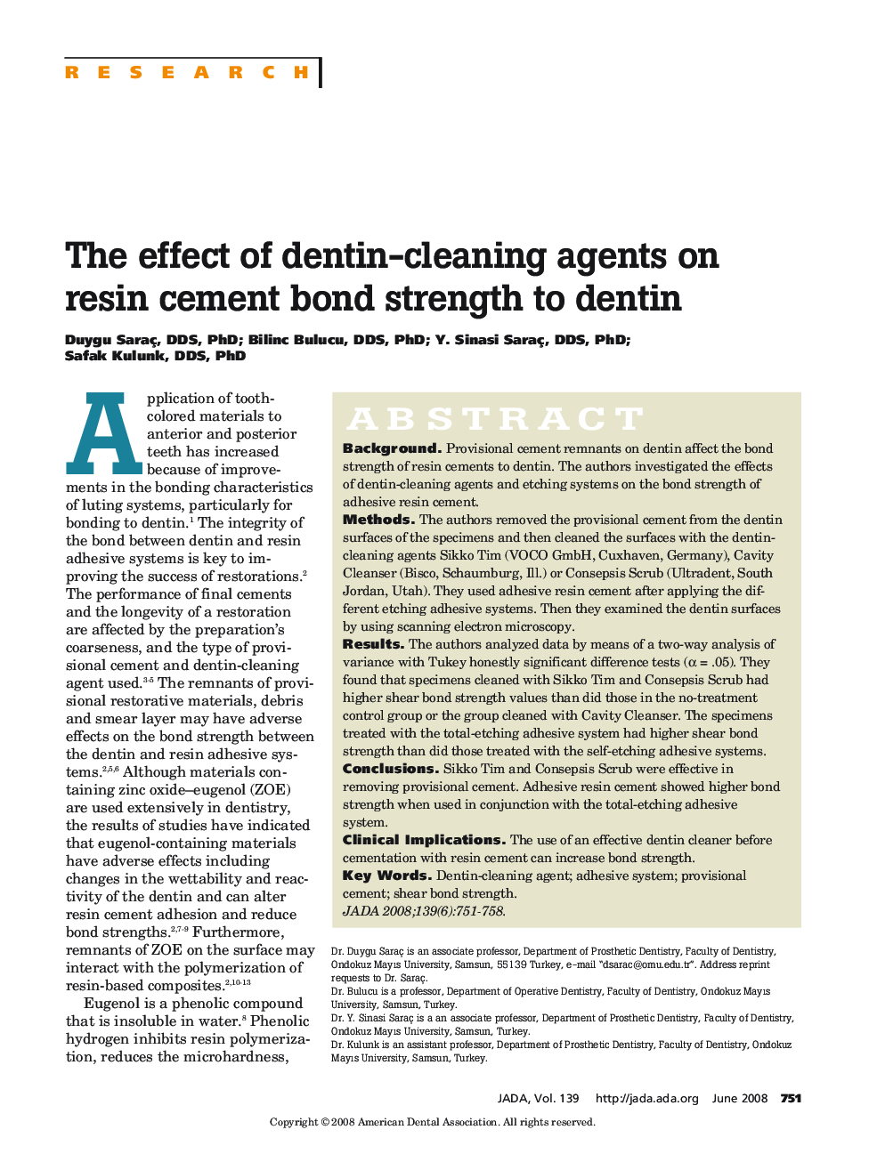 The Effect of Dentin-Cleaning Agents on Resin Cement Bond Strength to Dentin 