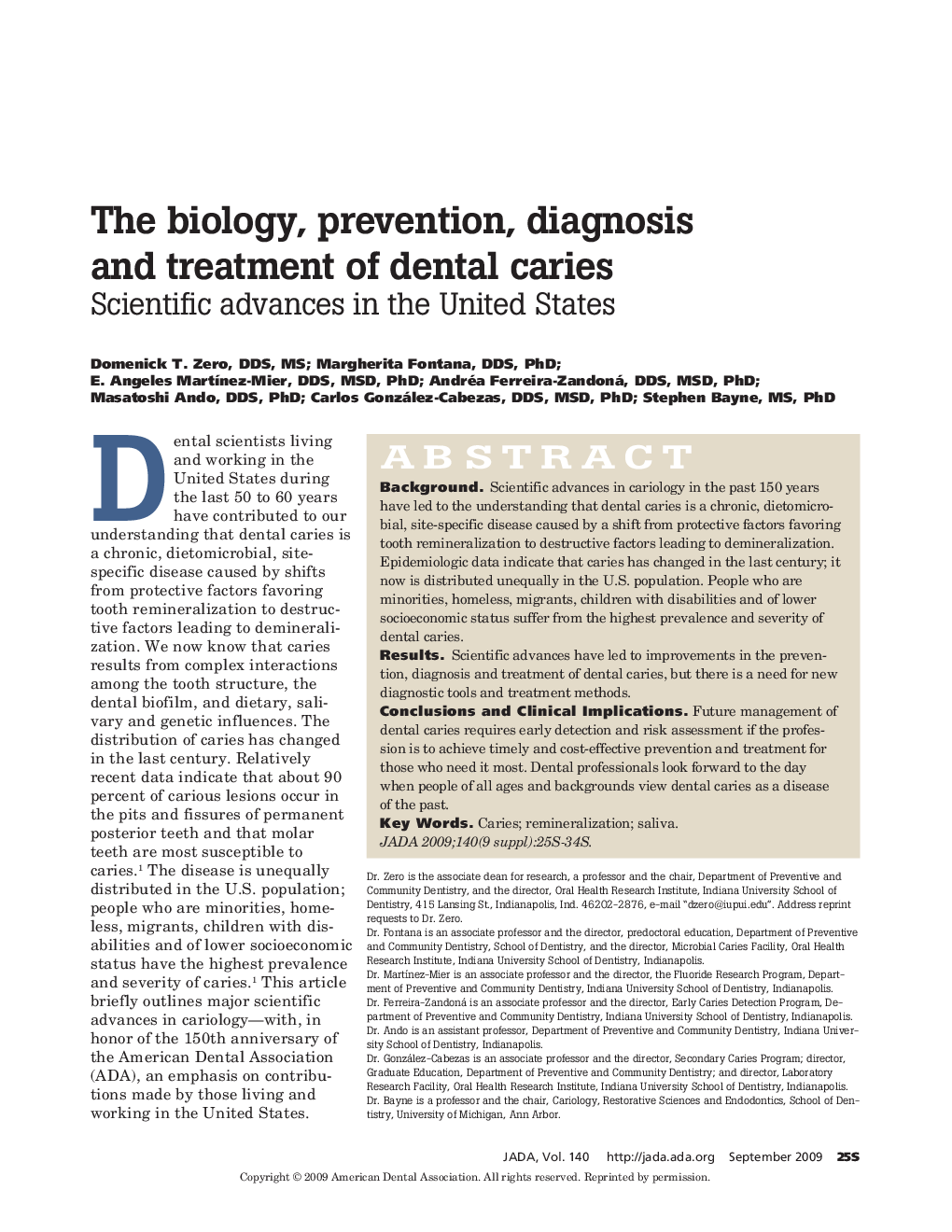 The Biology, Prevention, Diagnosis and Treatment of Dental Caries : Scientific Advances in the United States