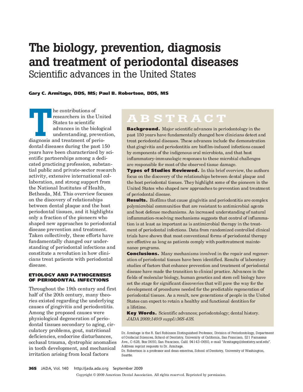 The Biology, Prevention, Diagnosis and Treatment of Periodontal Diseases : Scientific Advances in the United States