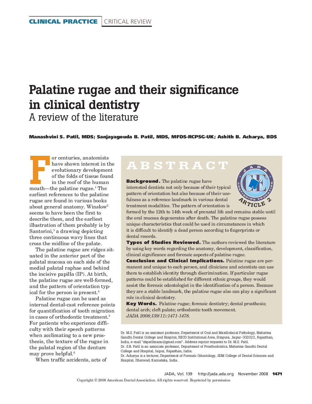 Palatine Rugae and Their Significance in Clinical Dentistry : A Review of the Literature