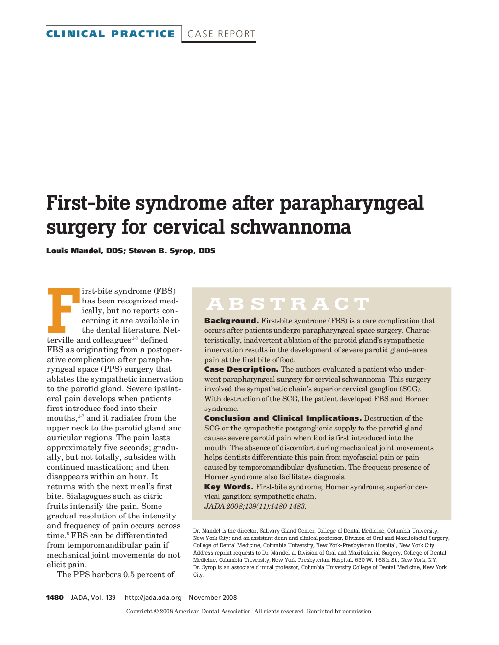 First-Bite Syndrome After Parapharyngeal Surgery for Cervical Schwannoma 