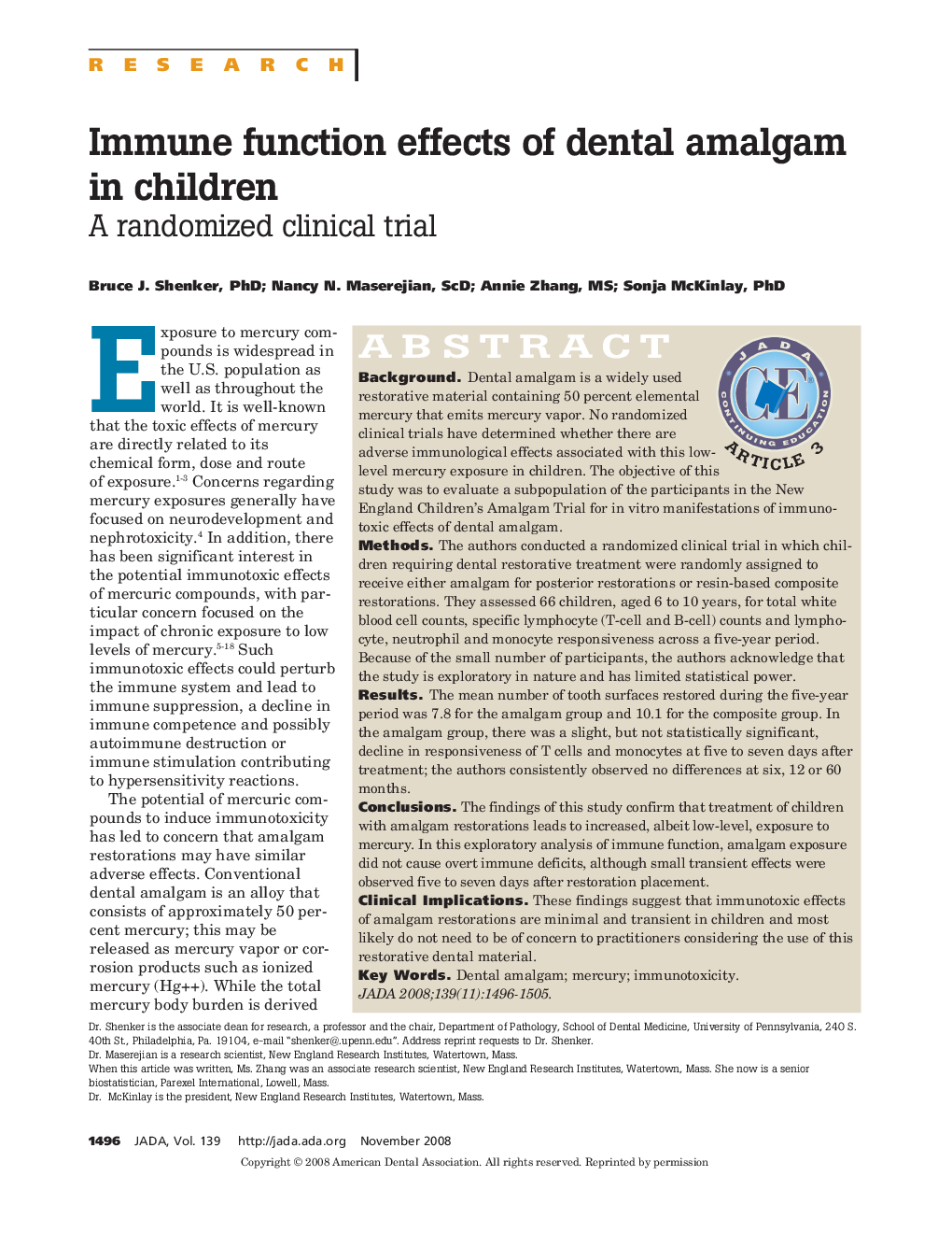 Immune Function Effects of Dental Amalgam in Children : A Randomized Clinical Trial