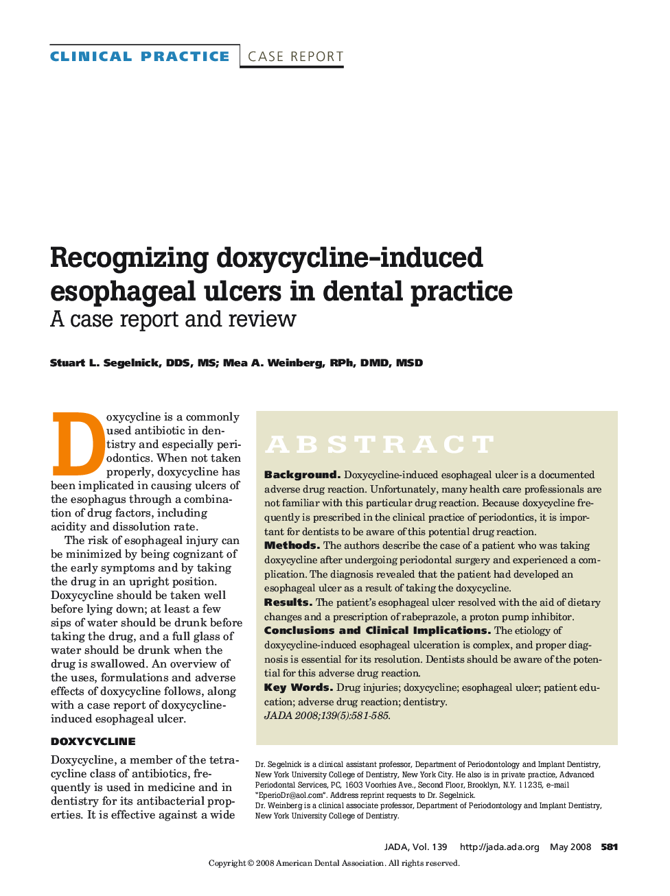 Recognizing Doxycycline-Induced Esophageal Ulcers in Dental Practice