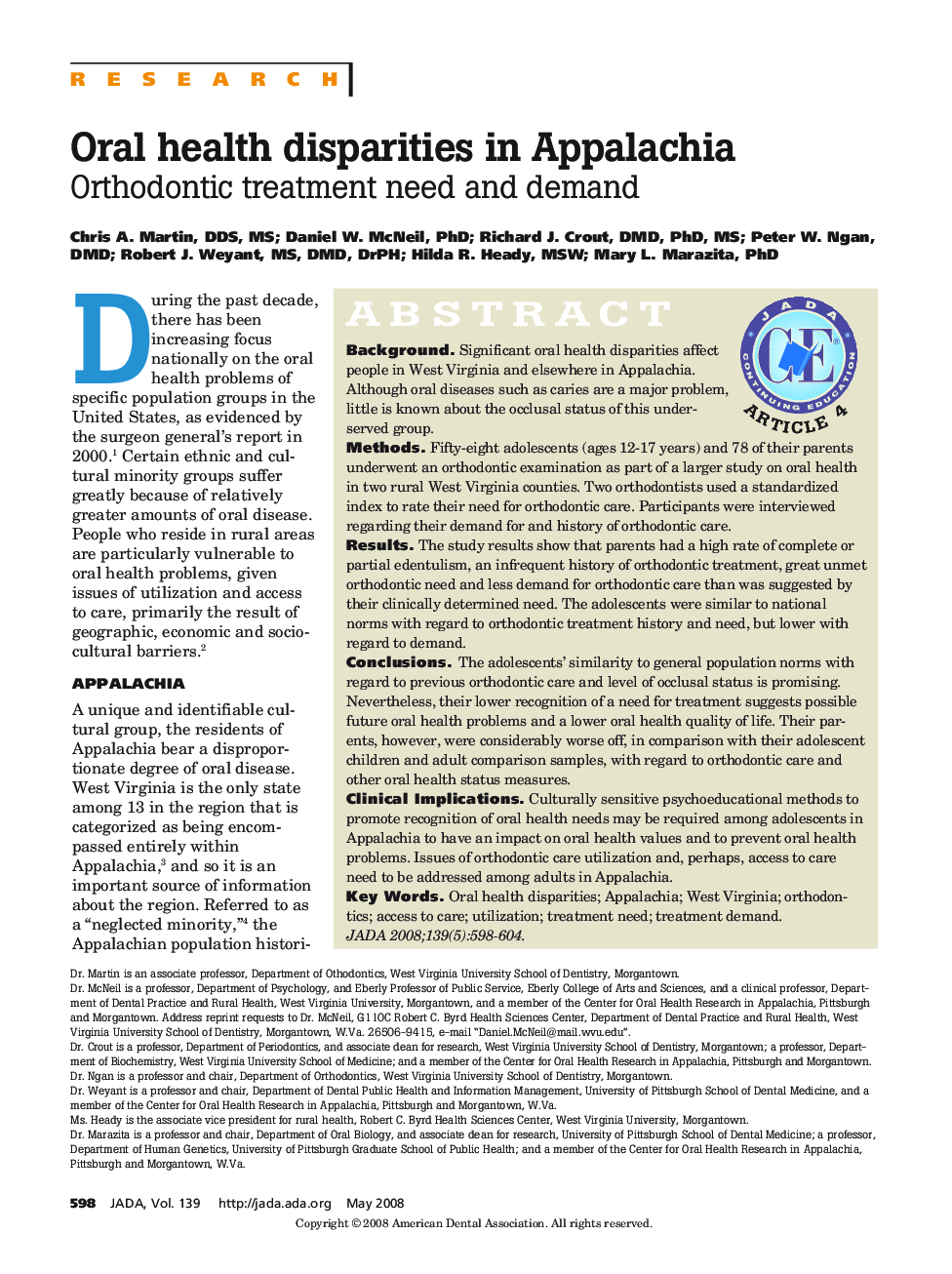 Oral Health Disparities in Appalachia : Orthodontic Treatment Need and Demand