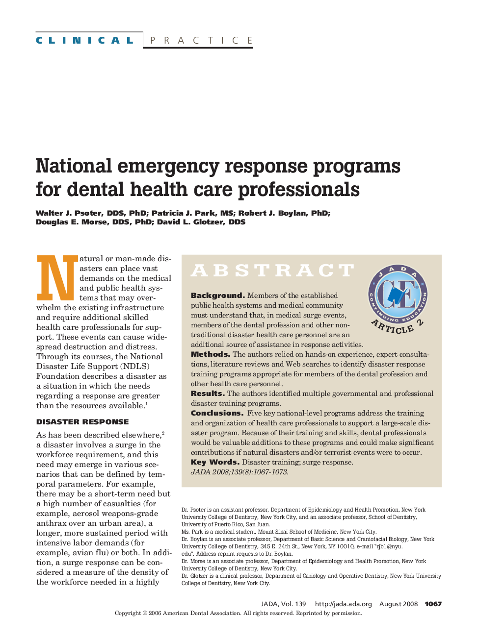 National Emergency Response Programs for Dental Health Care Professionals 