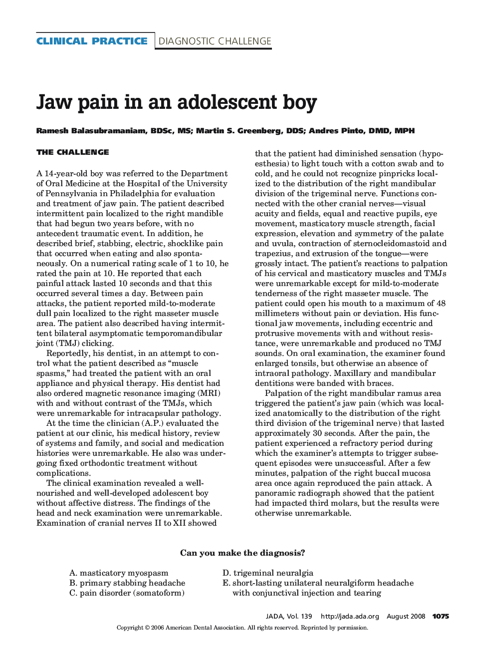 Jaw Pain in an Adolescent Boy
