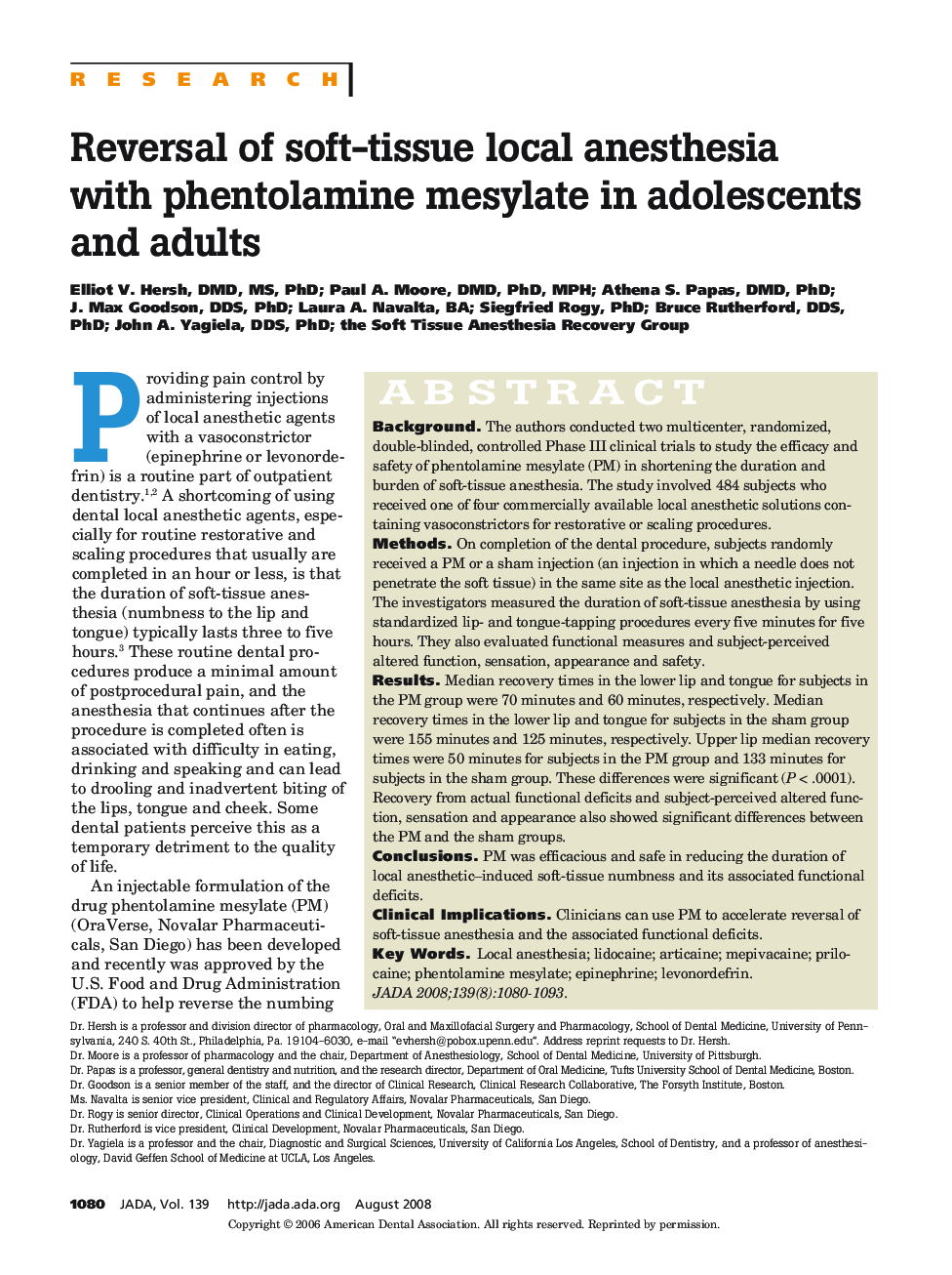 Reversal of Soft-Tissue Local Anesthesia With Phentolamine Mesylate in Adolescents and Adults