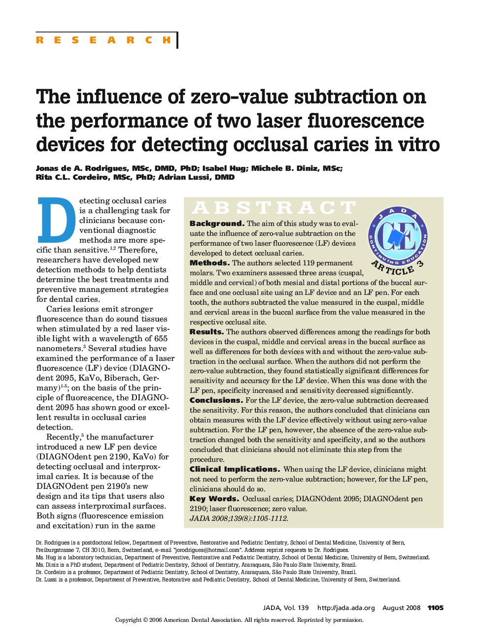 The Influence of Zero-Value Subtraction on the Performance of Two Laser Fluorescence Devices for Detecting Occlusal Caries In Vitro