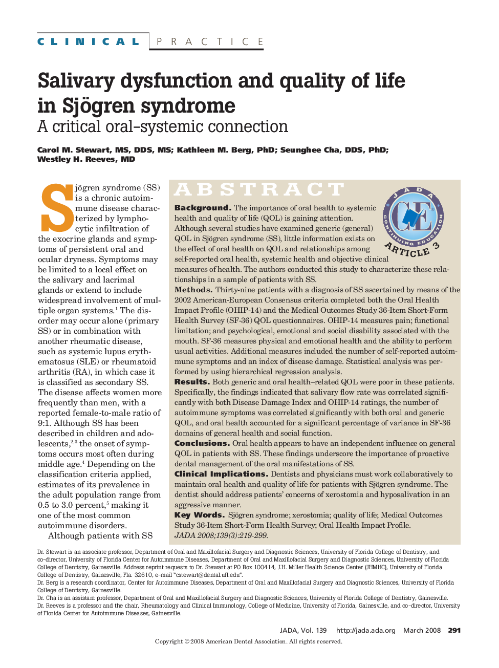Salivary Dysfunction and Quality of Life in Sjögren Syndrome : A Critical Oral-Systemic Connection