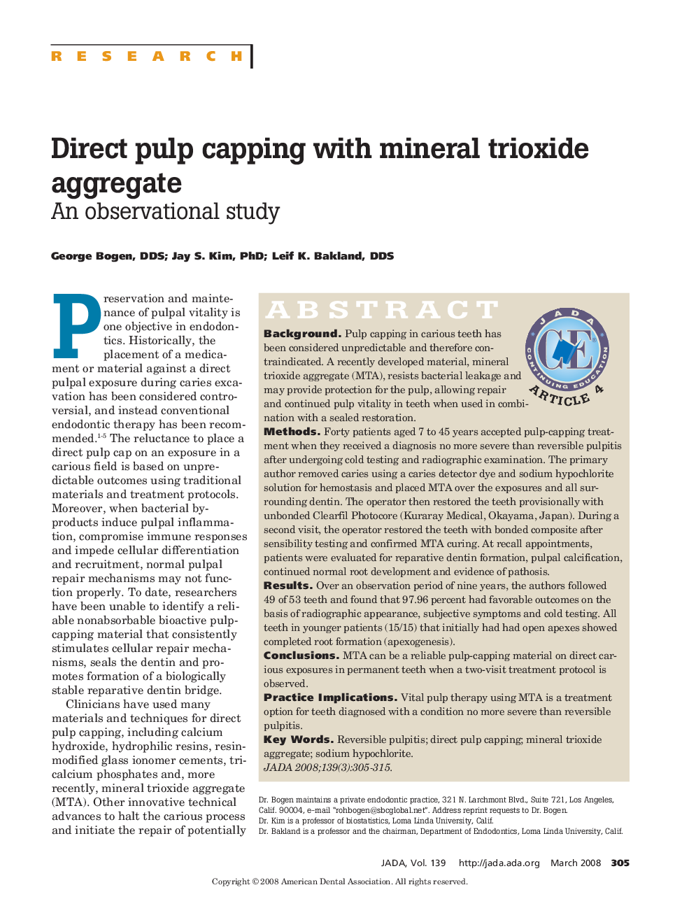 Direct Pulp Capping With Mineral Trioxide Aggregate : An Observational Study