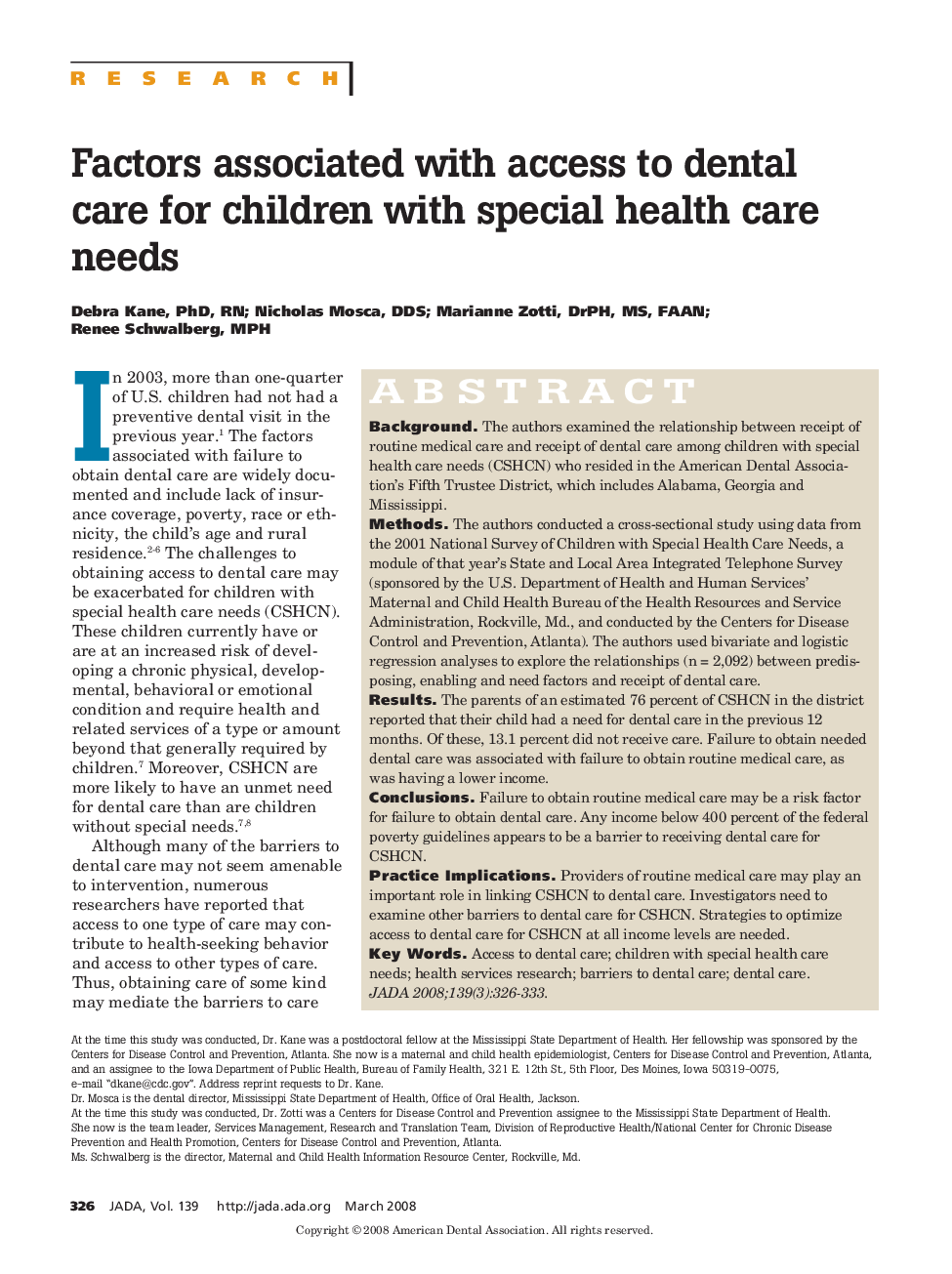 Factors Associated With Access to Dental Care for Children With Special Health Care Needs