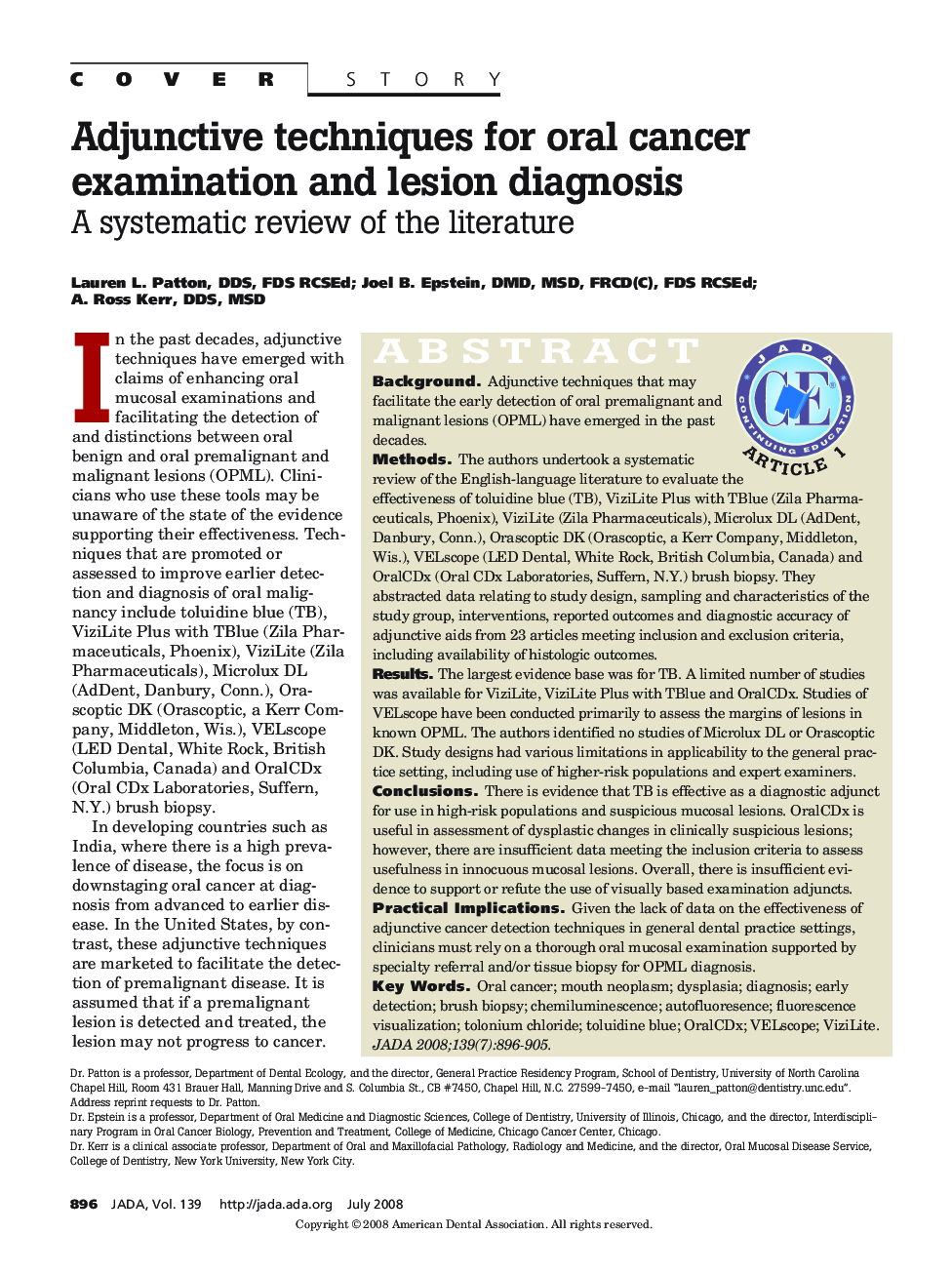 Adjunctive Techniques for Oral Cancer Examination and Lesion Diagnosis : A Systematic Review of the Literature