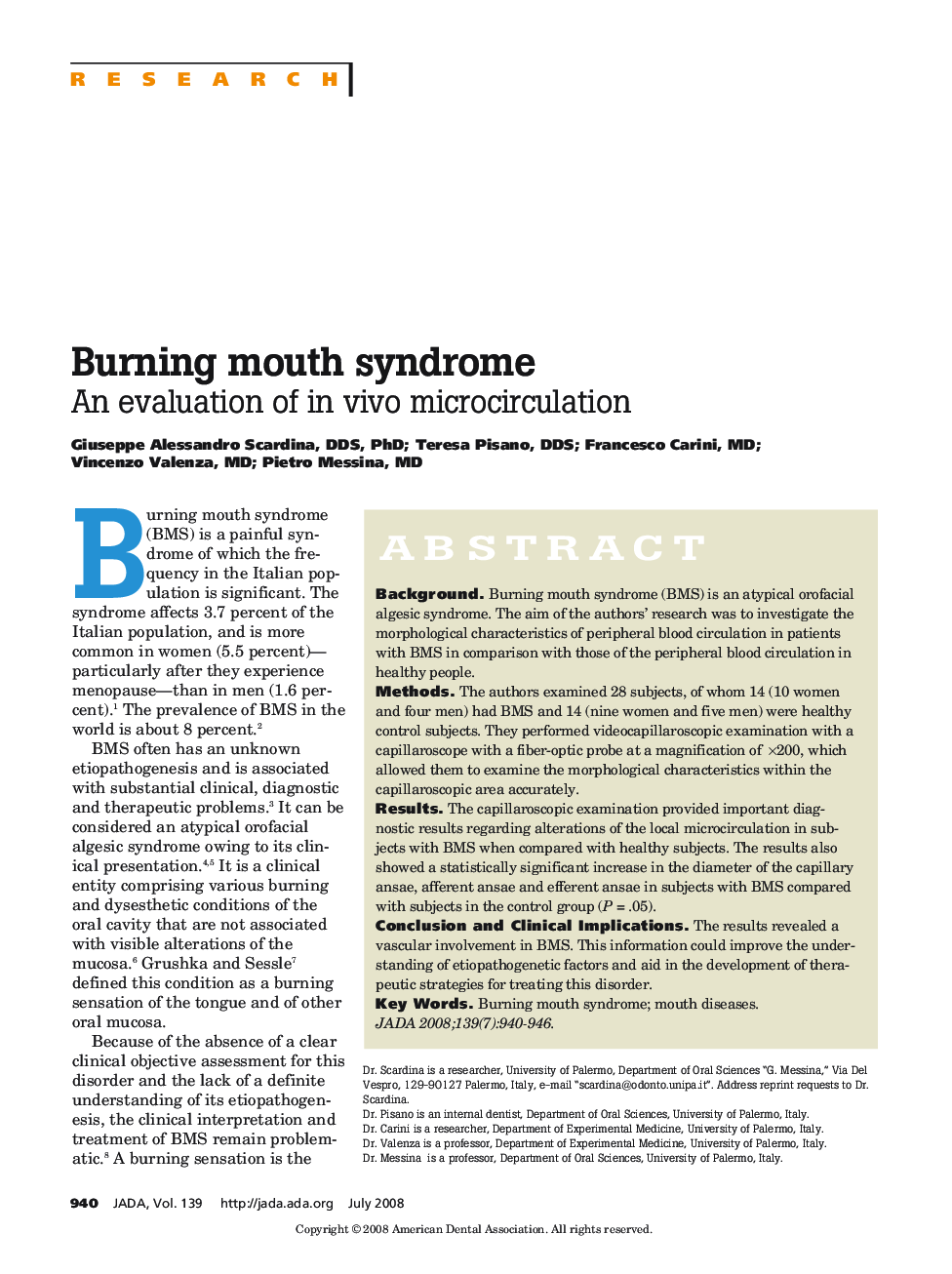 Burning Mouth Syndrome : An Evaluation of In Vivo Microcirculation