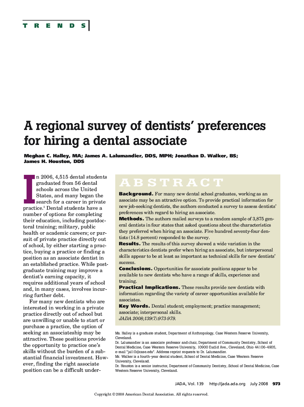 A Regional Survey of Dentists' Preferences for Hiring a Dental Associate 