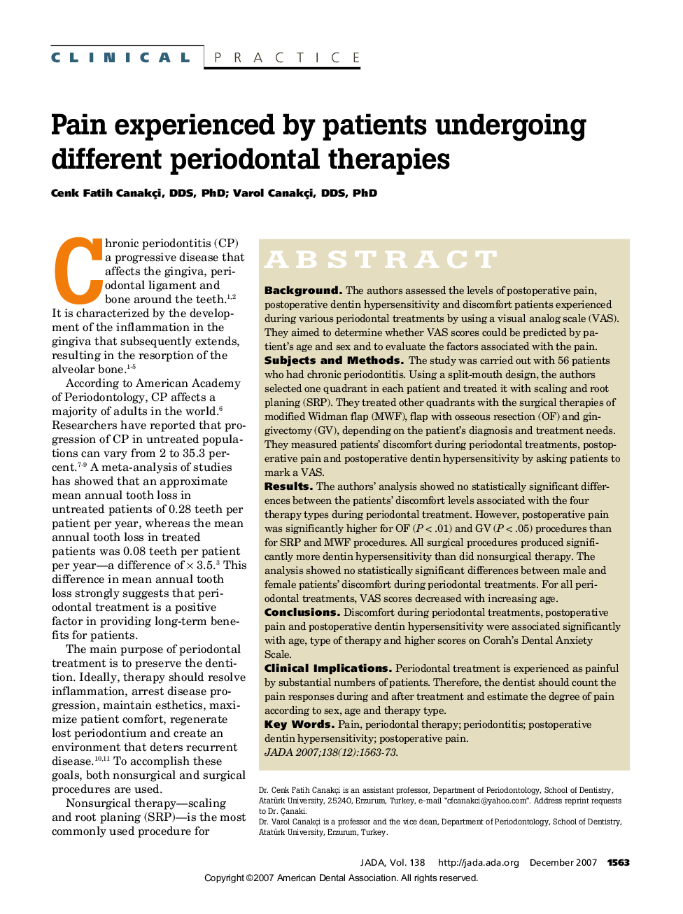 Pain Experienced by Patients Undergoing Different Periodontal Therapies