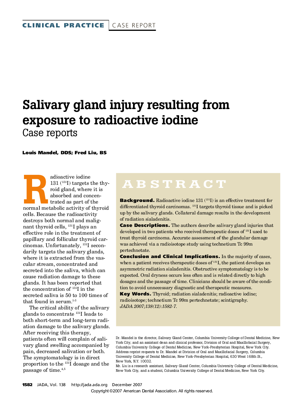 Salivary Gland Injury Resulting From Exposure to Radioactive Iodine
