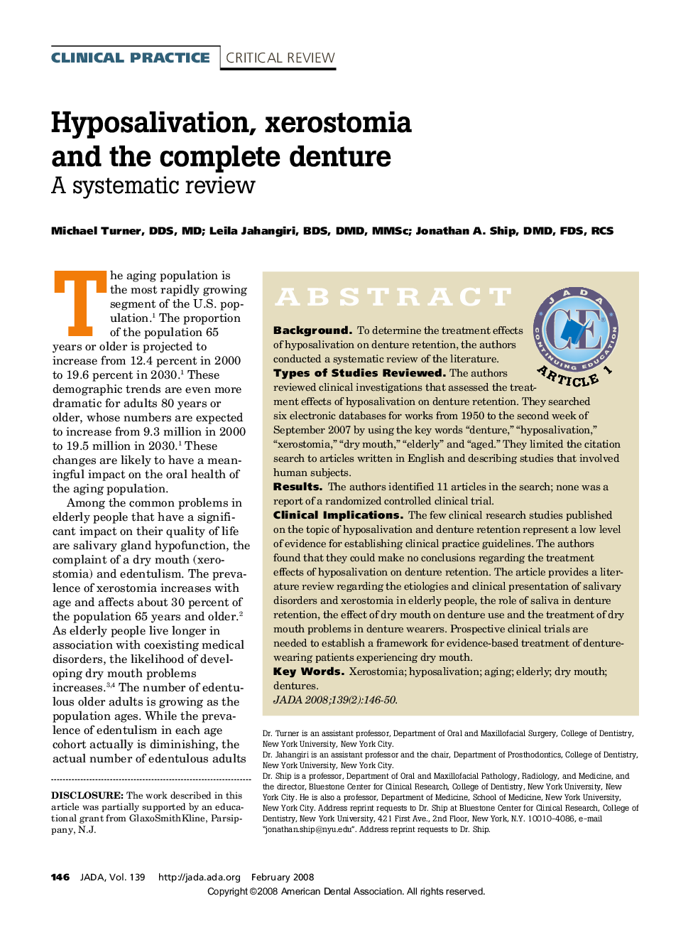 Hyposalivation, xerostomia and the complete denture