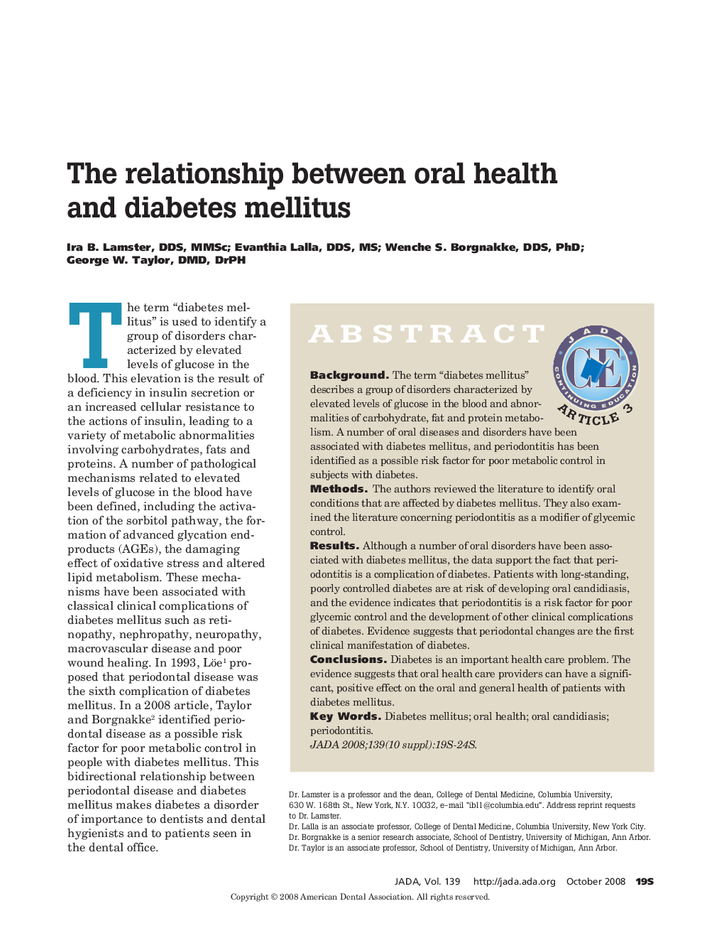 The Relationship Between Oral Health and Diabetes Mellitus 