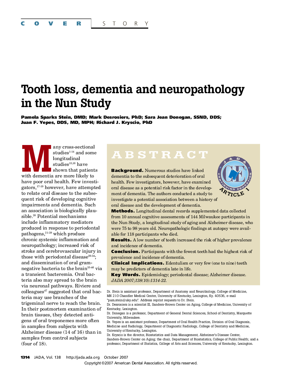 Tooth loss, dementia and neuropathology in the Nun Study 