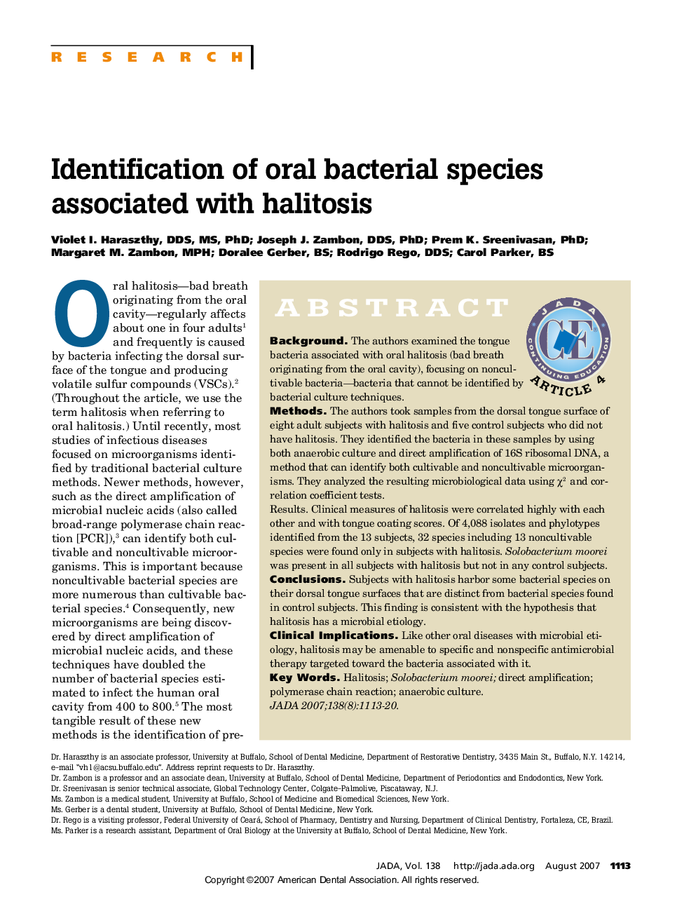 Identification of oral bacterial species associated with halitosis