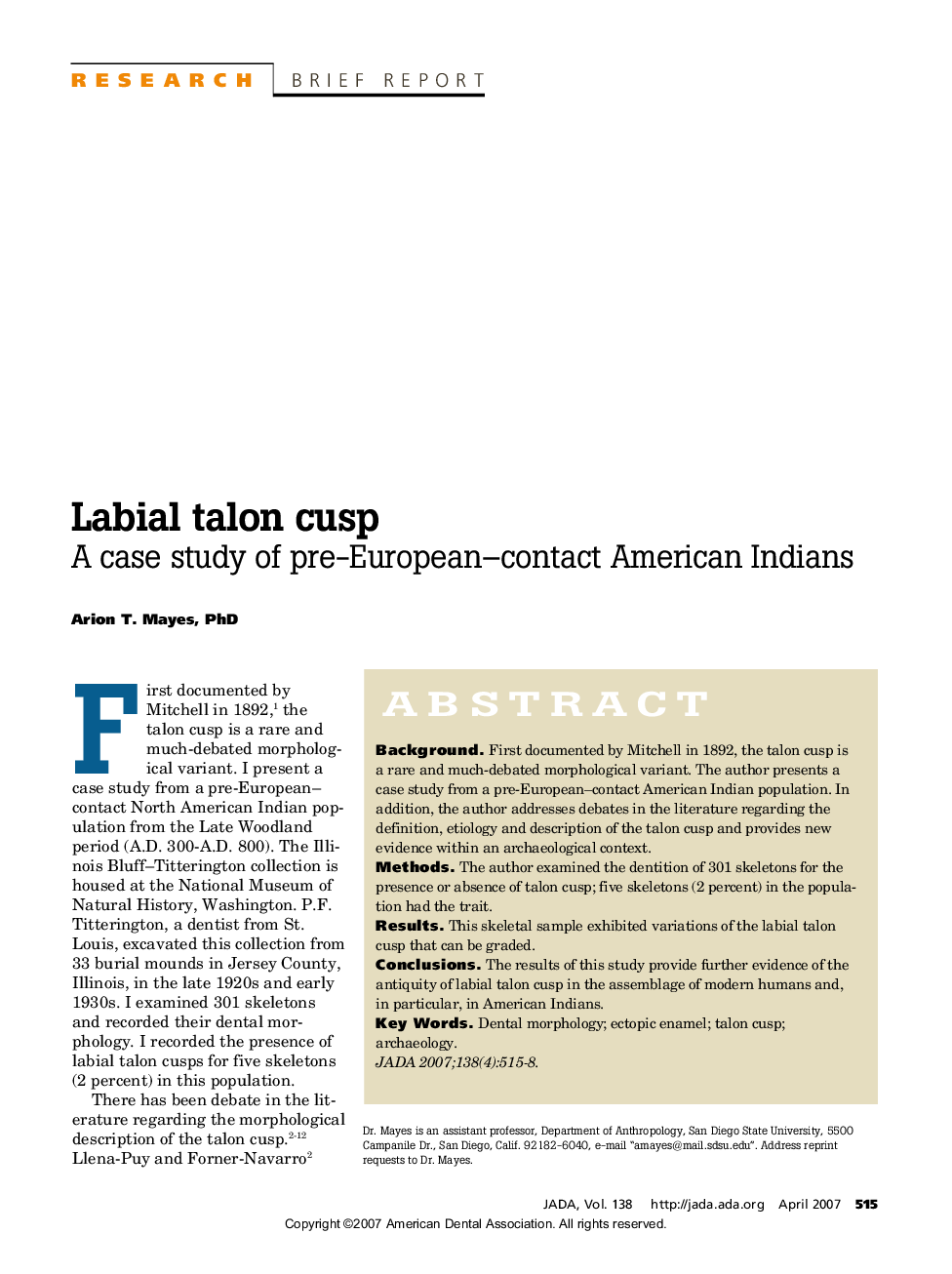 Labial talon cusp : A case study of pre-European–contact American Indians