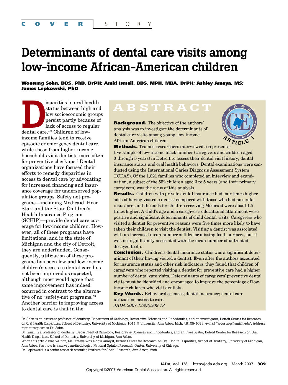 Determinants of dental care visits among low-income African-American children 