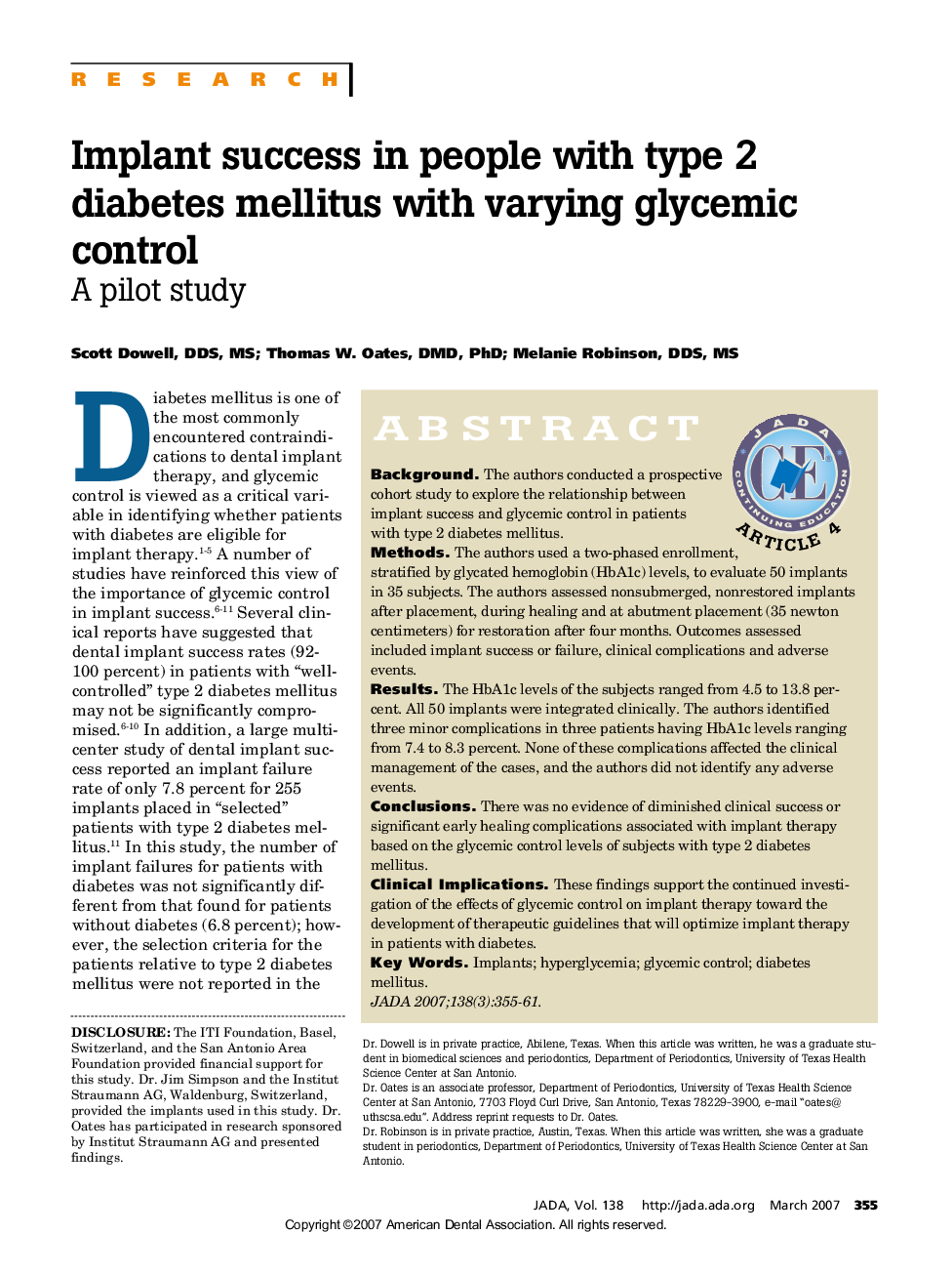 Implant success in people with type 2 diabetes mellitus with varying glycemic control : A pilot study