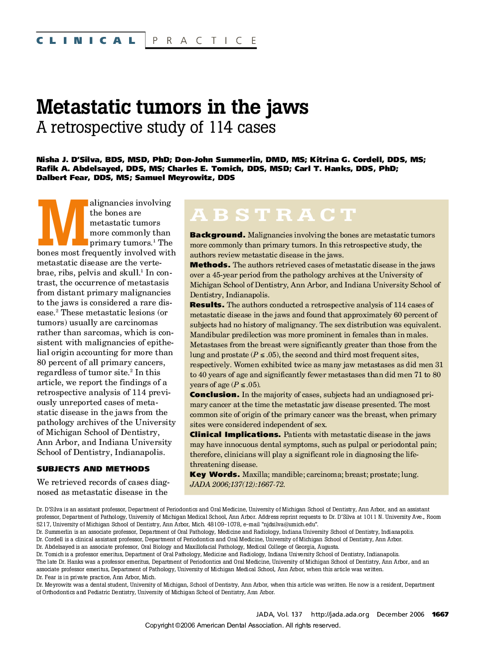 Metastatic tumors in the jaws : A retrospective study of 114 cases