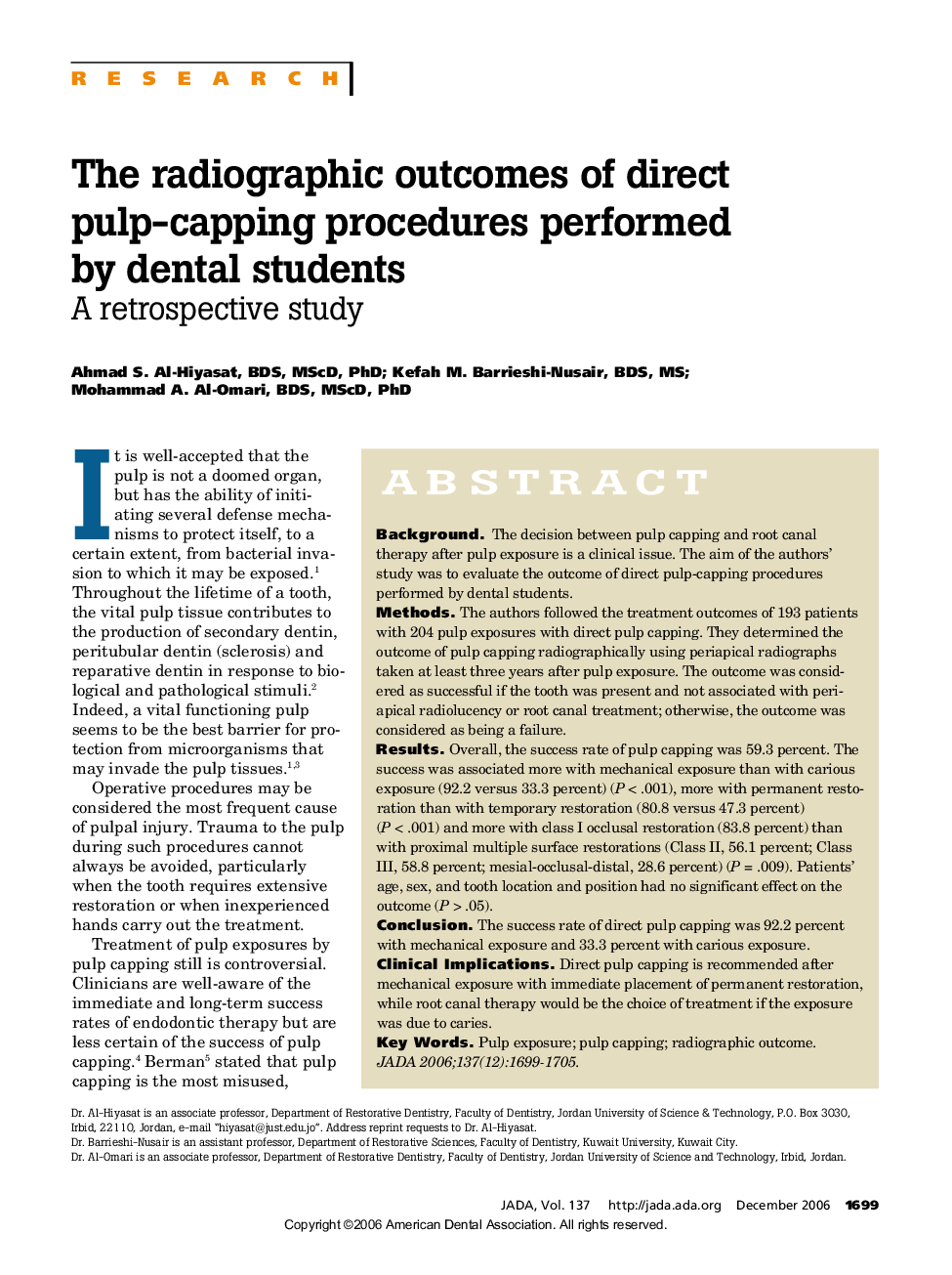The radiographic outcomes of direct pulp-capping procedures performed by dental students: A retrospective study