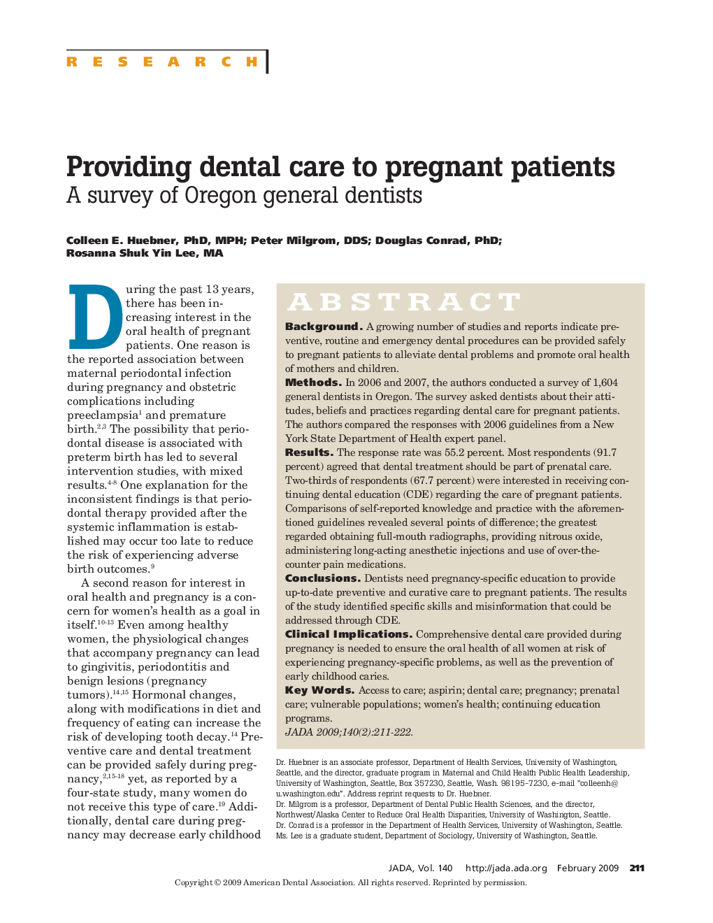 Providing dental care to pregnant patients : A survey of Oregon general dentists