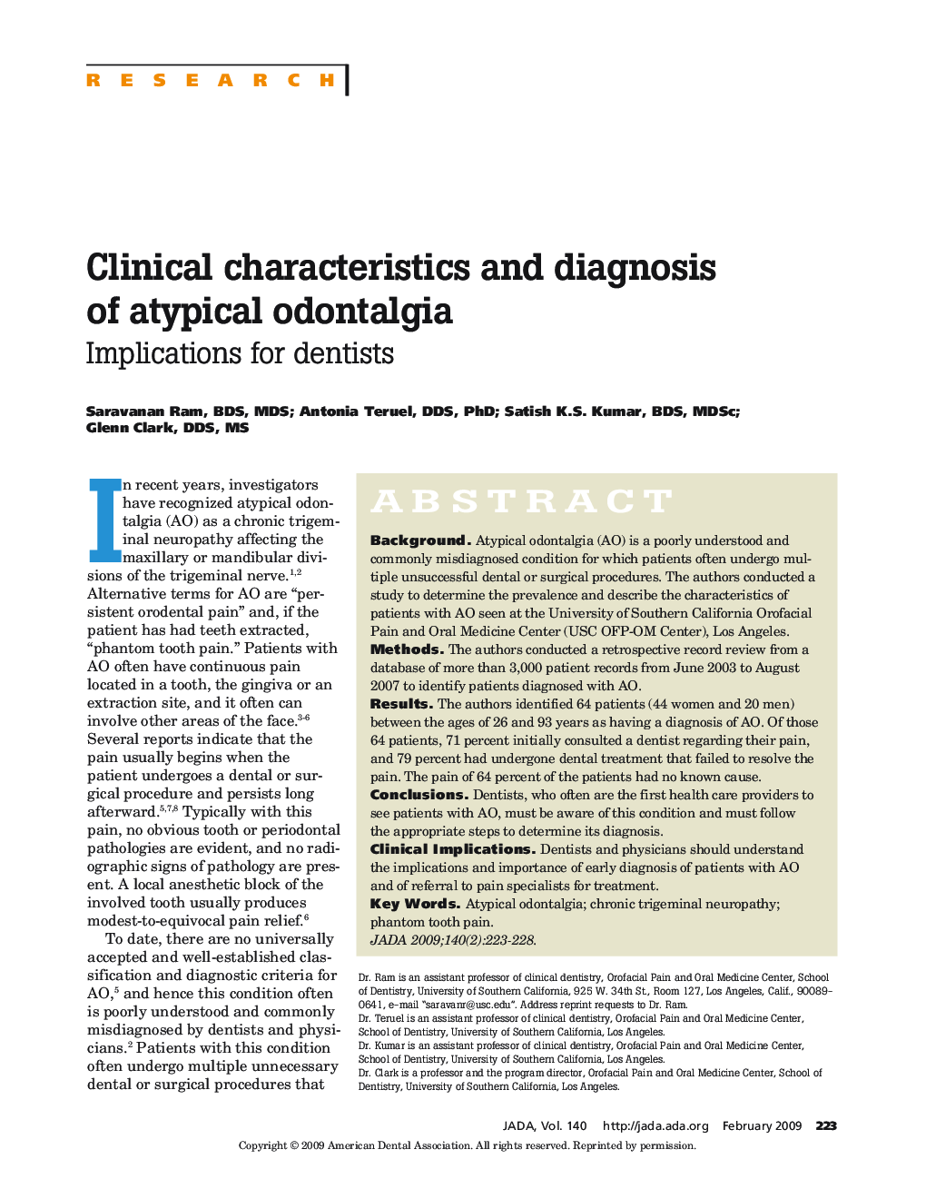 Clinical characteristics and diagnosis of atypical odontalgia
