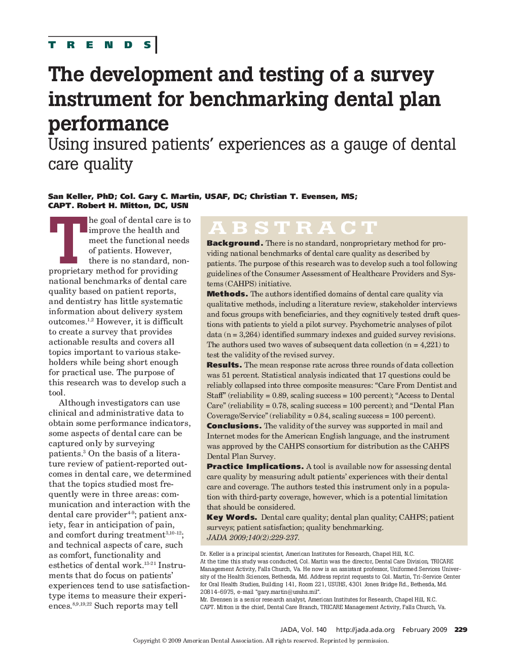 The development and testing of a survey instrument for benchmarking dental plan performance
