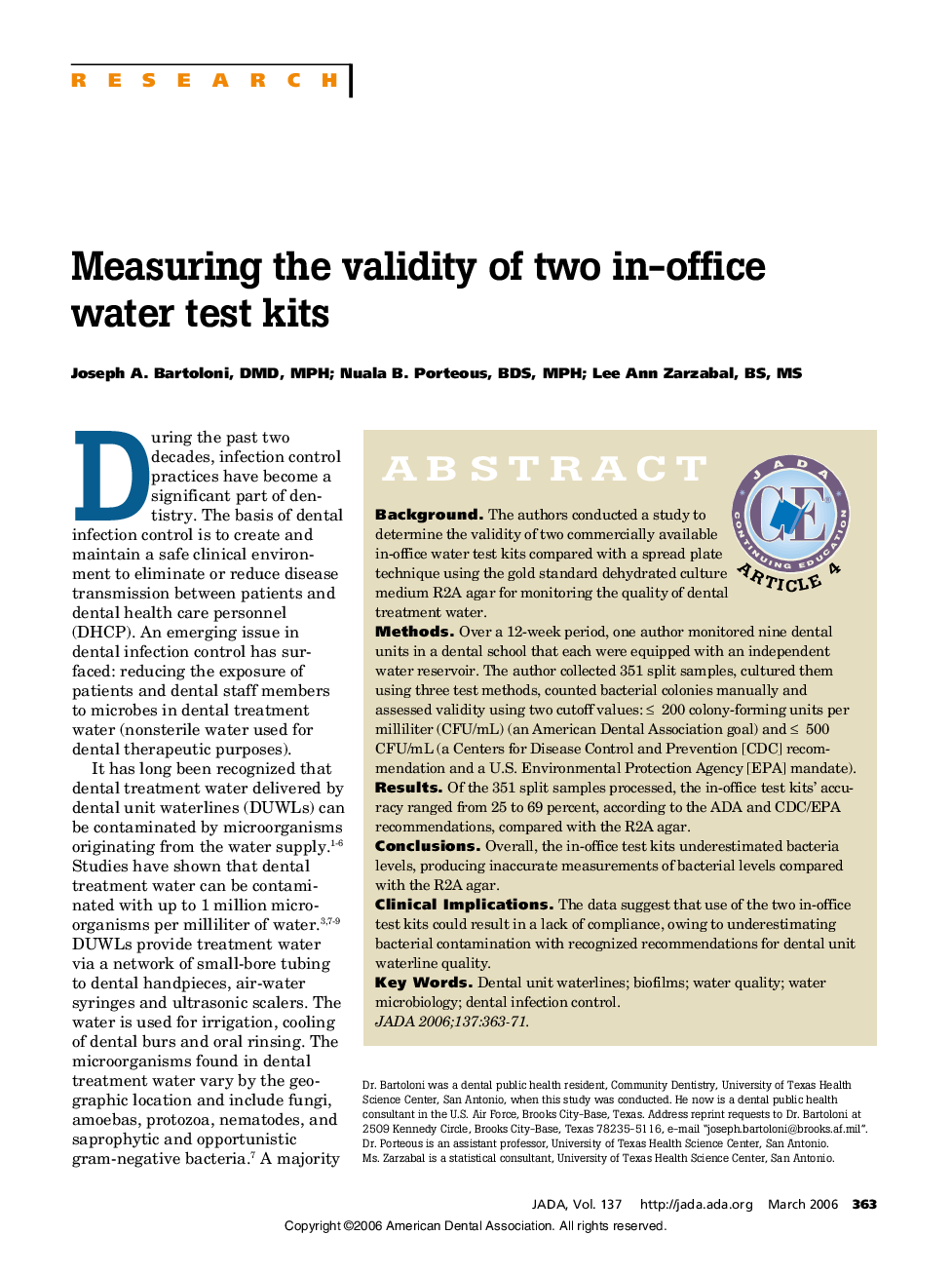 Measuring the validity of two in-office water test kits