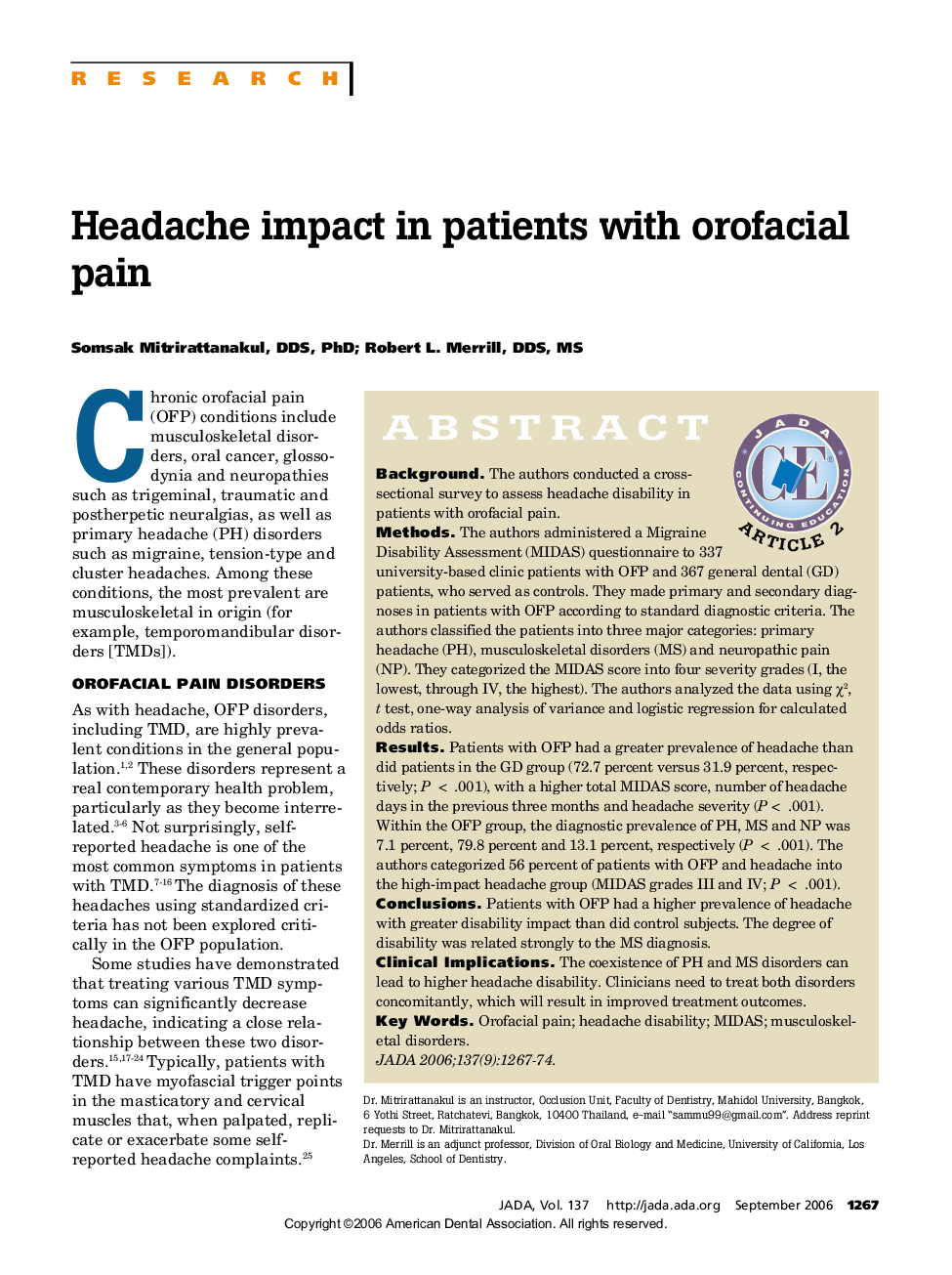 Headache impact in patients with orofacial pain