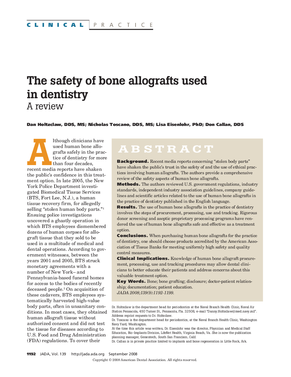 The Safety of Bone Allografts Used in Dentistry : A Review