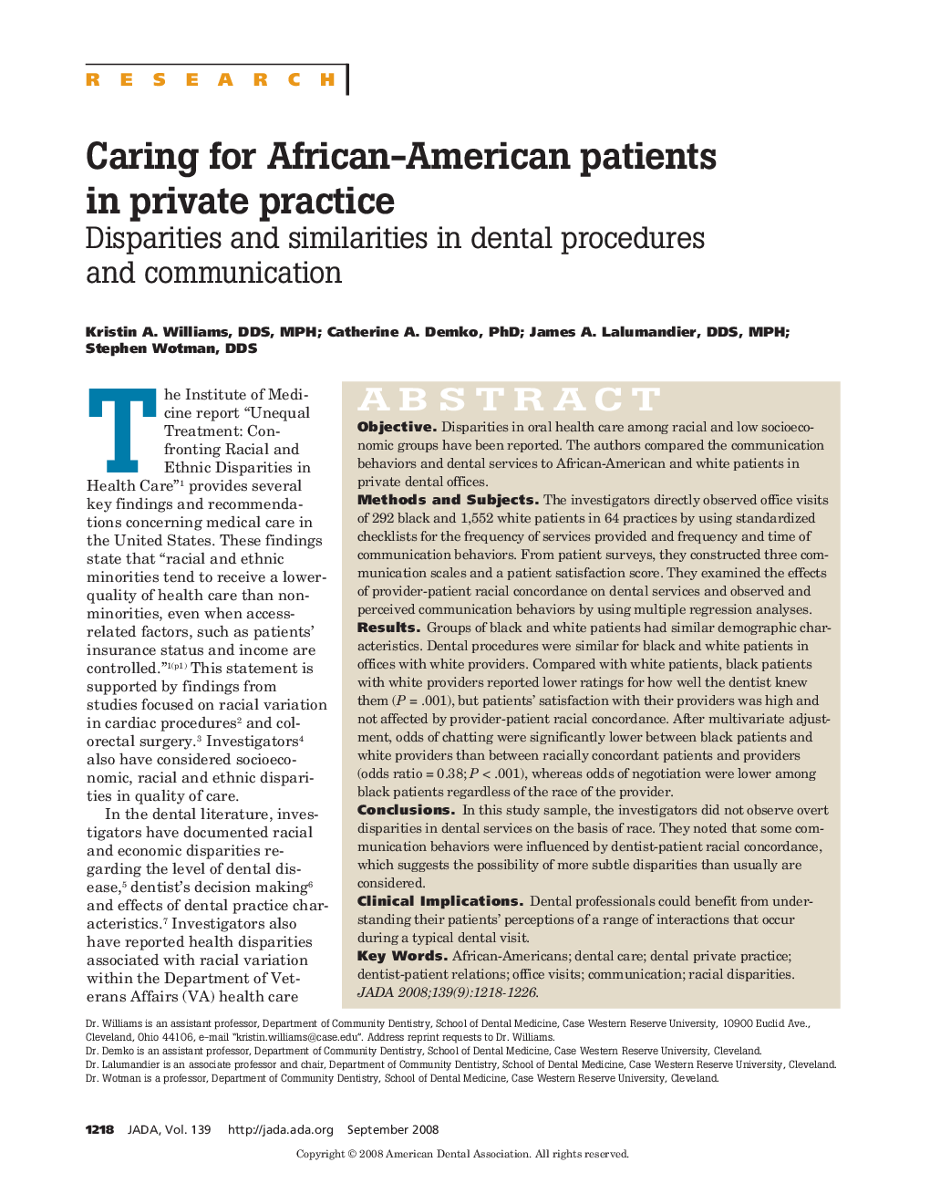 Caring for African-American Patients in Private Practice : Disparities and Similarities in Dental Procedures and Communication