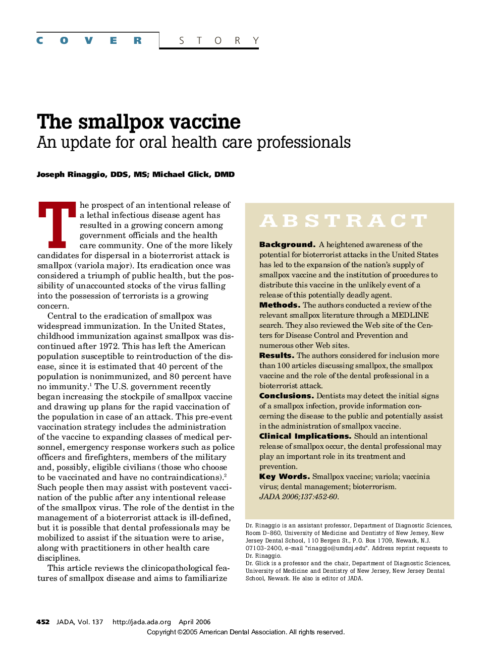 The smallpox vaccine: An update for oral health care professionals