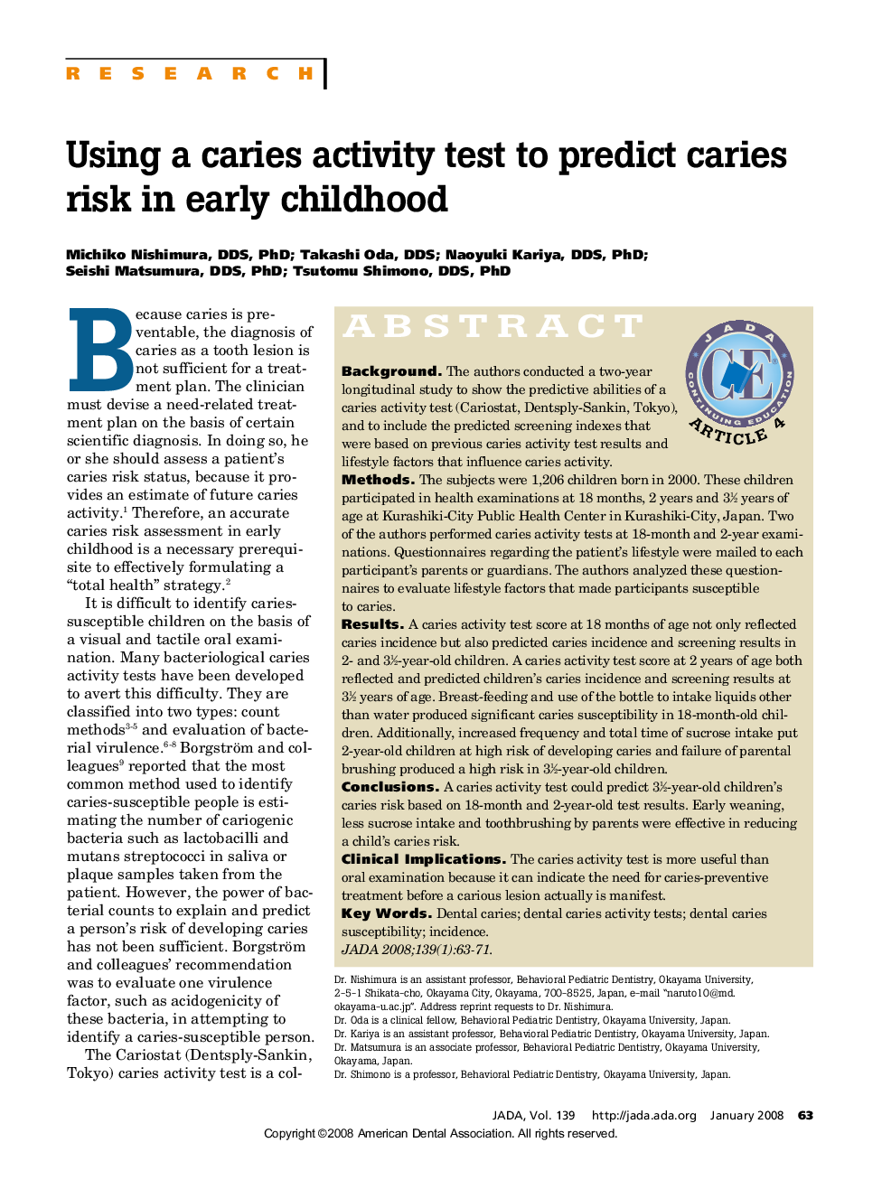 Using a Caries Activity Test to Predict Caries Risk in Early Childhood