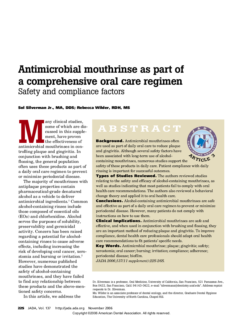Antimicrobial mouthrinse as part of a comprehensive oral care regimen: Safety and compliance factors