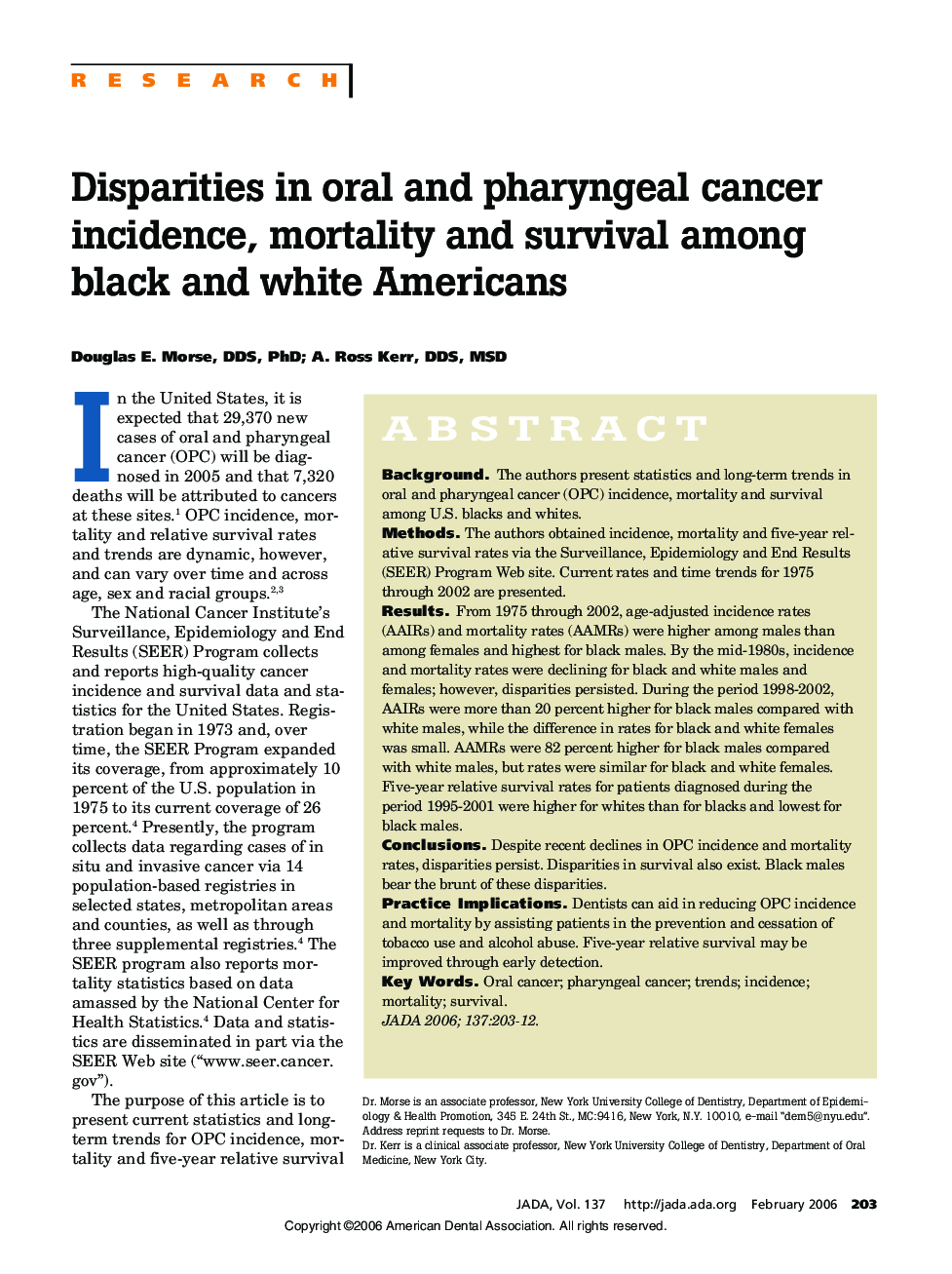 Disparities in oral and pharyngeal cancer incidence, mortality and survival among black and white Americans 