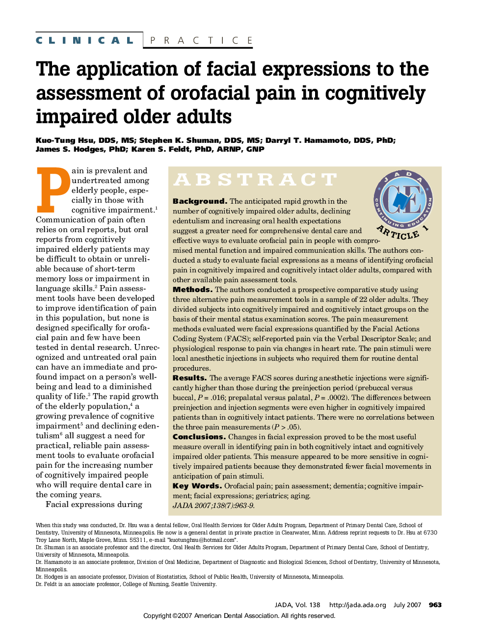The application of facial expressions to the assessment of orofacial pain in cognitively impaired older adults 
