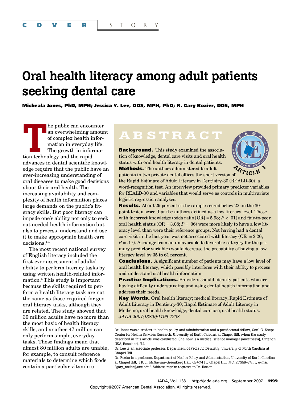 Oral Health Literacy Among Adult Patients Seeking Dental Care 