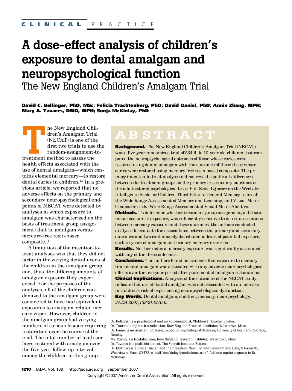 A Dose-Effect Analysis of Children's Exposure to Dental Amalgam and Neuropsychological Function : The New England Children's Amalgam Trial