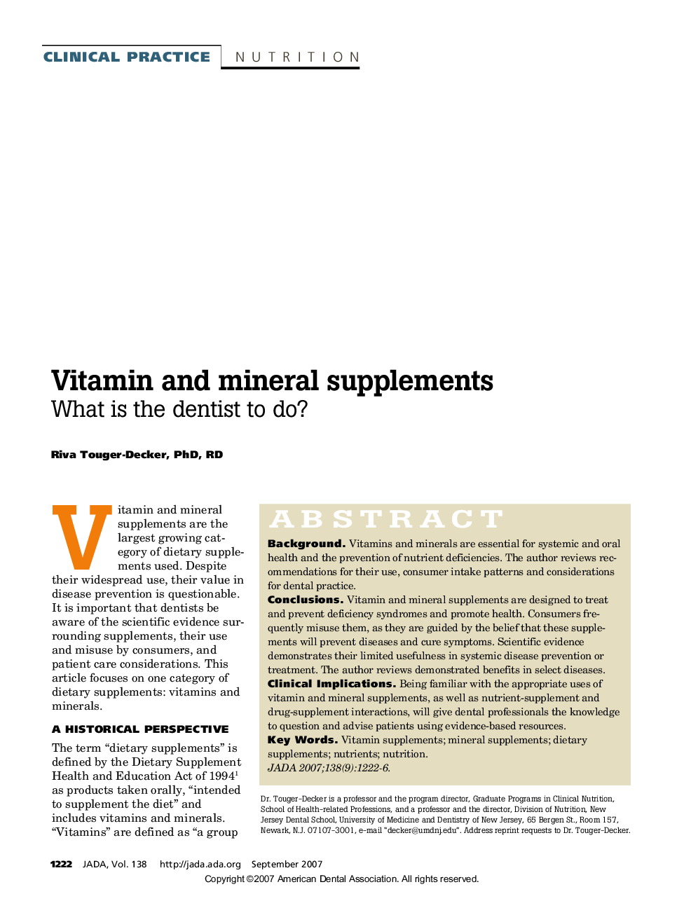 Vitamin and Mineral Supplements: What Is the Dentist to Do?